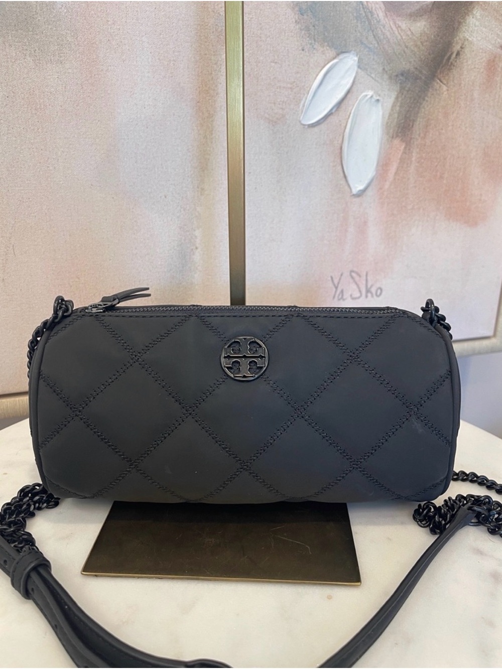 Tory Burch Matte Black Quilted Barrel Crossbody